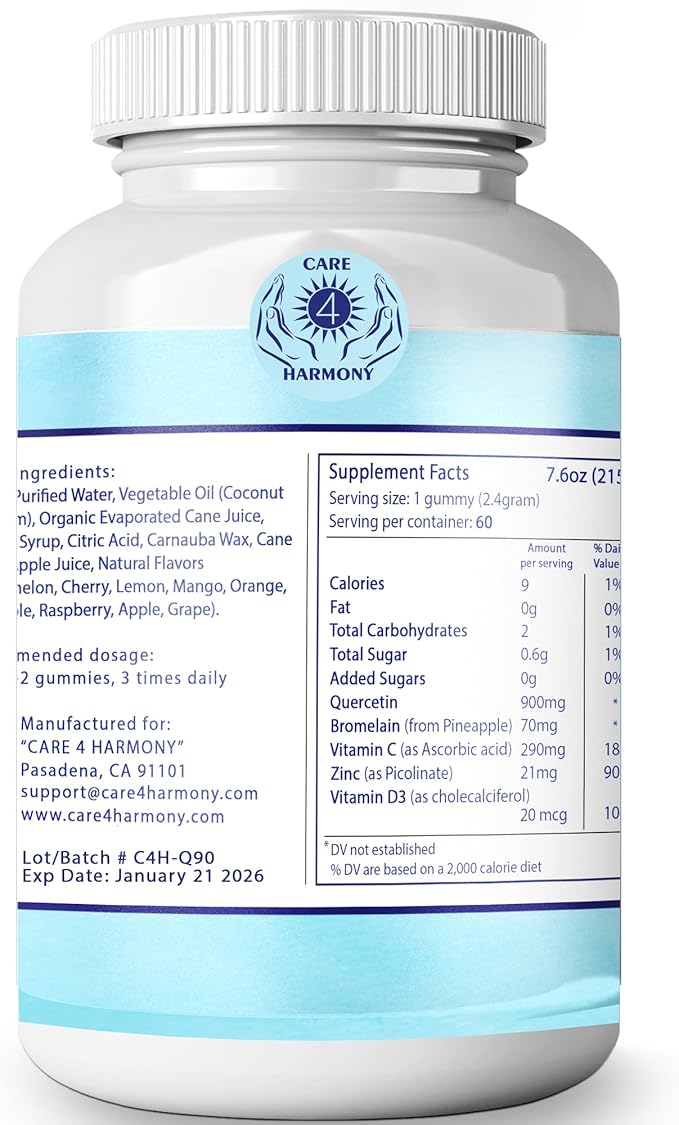 Quercetin Gummies - Quercetin with Bromelain Vitamin C + Zinc Vitamin D3 – Chewable Quercetin 900mg Supplements - Quercetin for Kids and Adults (6)