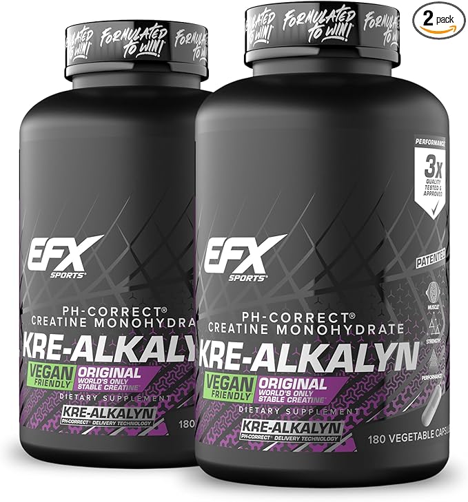 EFX Sports Kre-Alkalyn EFX | pH Correct Creatine Monohydrate Pill Supplement | Vegan Friendly | Strength &amp Muscle Growth | 90 Servings 180 Veggie Capsules (Pack of 2)
