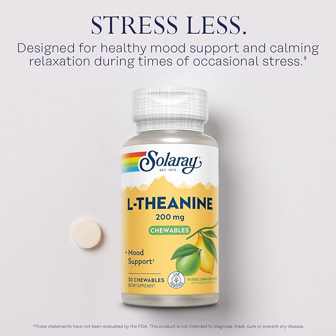 SOLARAY L Theanine 200mg Mood Support Supplement with Vitamin B6 - Calming Support During Occasional Stress - Natural Lemon Lime Flavor - 60-Day Guarantee Lab Verified - 30 Servings 30 Chewables
