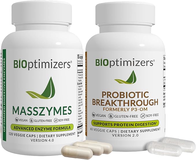 BIOptimizers MassZymes Digestive Enzymes - Probiotic Breakthrough Bundle – Gut Health &amp Bloating Relief – Prebiotic &amp Enzyme Support for Digestion Energy Health &amp Recovery – 180 Vegan Ca