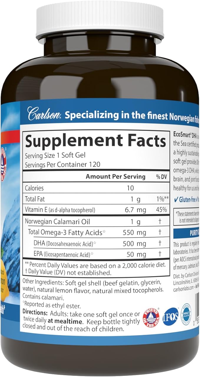 Carlson - EcoSmart DHA 500 mg DHA Sustainable Source Healthy Vision &amp Brain Function Lemon 120 Softgels