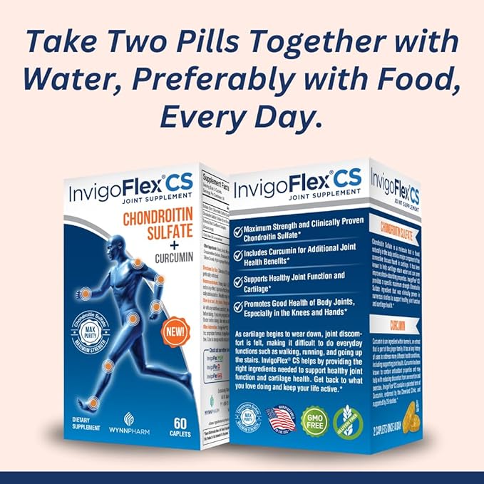 INVIGOFLEX Chondroitin Sulfate with Turmeric Curcumin Non GMO for Knee Hand Back &amp Hip Premium Joint Supplement CS - 3 Pack
