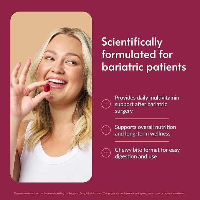 Bariatric Advantage Multi Chewy Bite - Soft Chew Multivitamin for Bariatric Surgery Patients - Chewable Multivitamin with Folic Acid Vitamin D3 &amp More - Dark Cherry Flavor - 60 Count