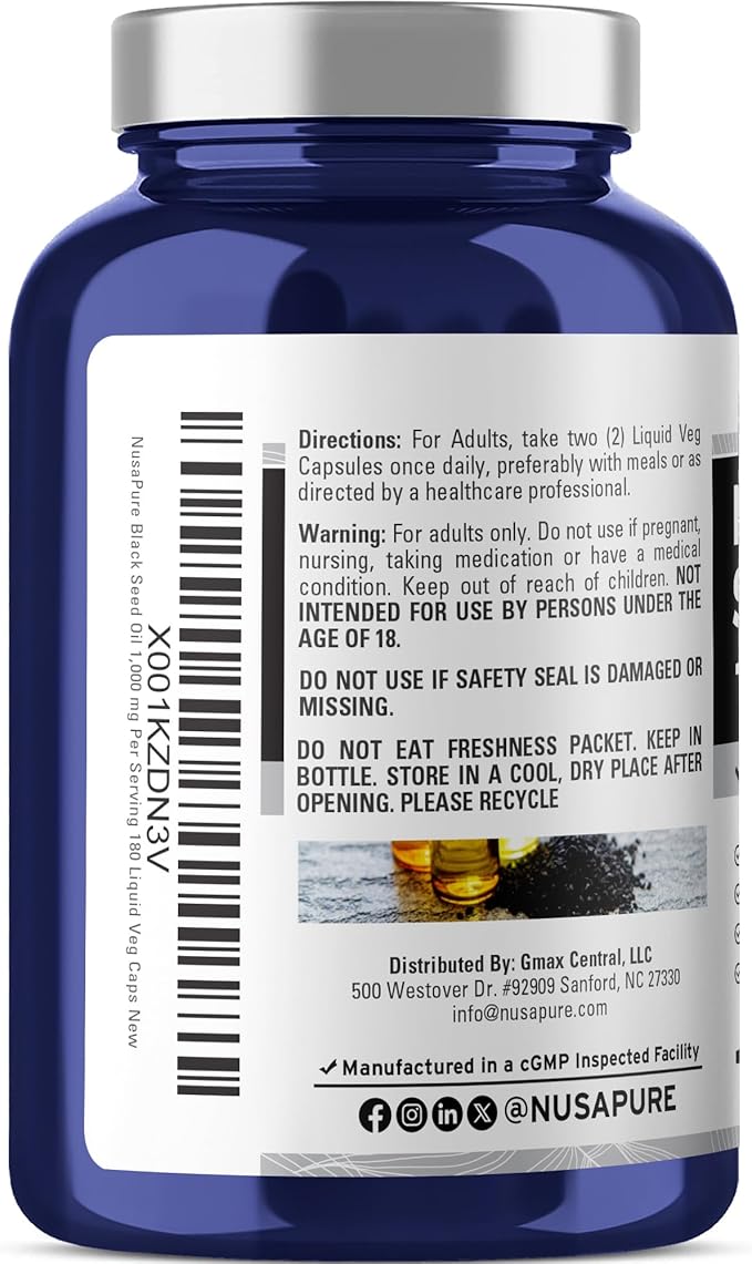 NusaPure Black Seed Oil 1000 mg per Serving 180 Softgel Capsules (Non-GMO Vegetarian &amp Vegan) Cold-Pressed Virgin Nigella Sativa. Hexane Free