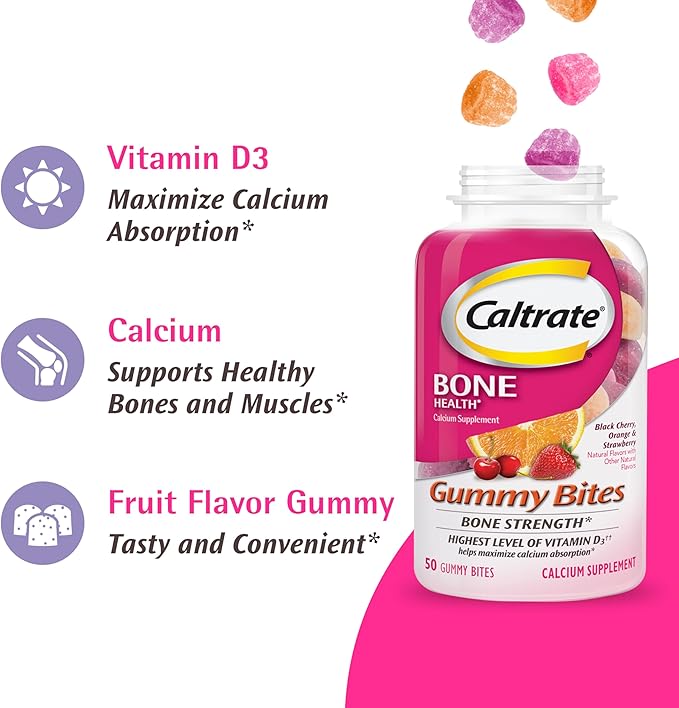 Caltrate Gummy Bites 500 mg Calcium and Vitamin D Supplement Black Cherry Strawberry Orange - 100 Count