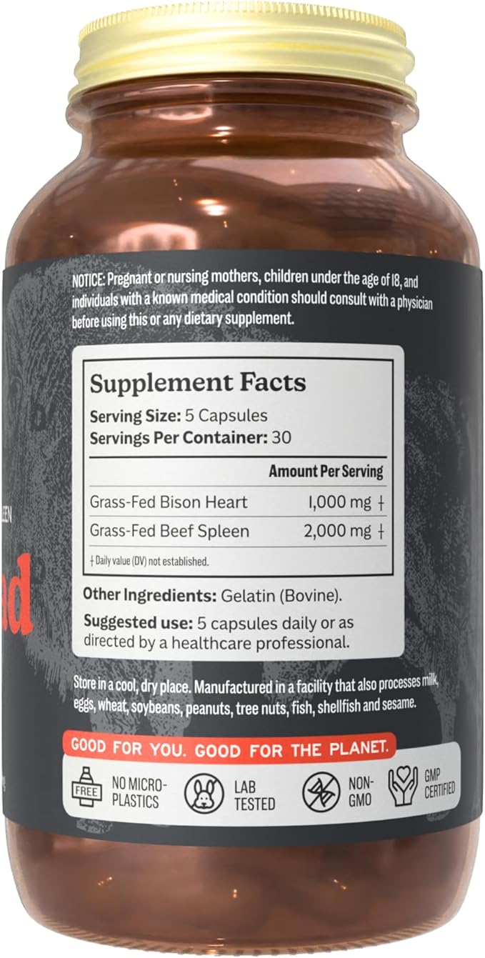 MK Supplements IRONCLAD | Beef Spleen &amp Bison Heart Capsules | ~58% DV Heme Iron + CoQ10 | No GI Distress | Freeze-Dried | 150 Capsules