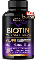 Biotin | Collagen | Hyaluronic Acid | Keratin - Support Normal Hair Growth Cycle Skin &amp Nails - Clinically Tested - 25000mcg Vitamins B1 B2 B3 B6 &amp B7 - for Women &amp Men - Made in USA