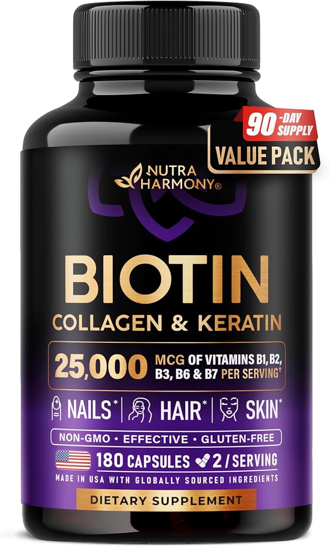 Biotin | Collagen | Hyaluronic Acid | Keratin - Support Normal Hair Growth Cycle Skin &amp Nails - Clinically Tested - 25000mcg Vitamins B1 B2 B3 B6 &amp B7 - for Women &amp Men - Made in USA