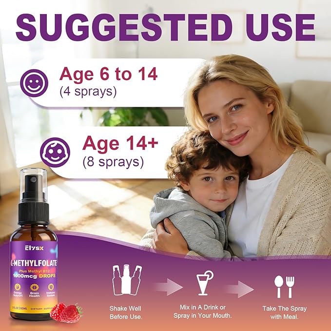 Liquid Methylfolate &amp B12 Spray Methylated Folate Drops for Kids &amp Adults with Choline TMG &amp Vitamins MTHFR Support Brain Health Immunity 2 Fl Oz