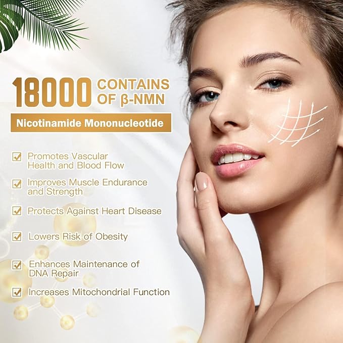 NMN 18000 480mg - 99% Pure Nicotinamide Mononucleotide Supplement with Resveratrol Nobel Laureate Developed Third-Party Tested Increased NAD+ Levels Healthy Aging 60-Day Supply 1pcs