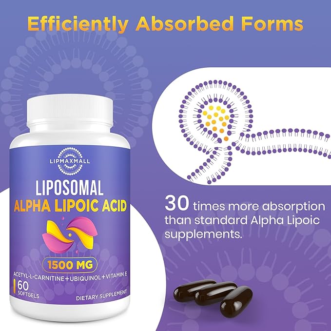 lipmaxmall Liposomal Alpha Lipoic Acid 1500mg - with Acetyl-L-Carnitine 900mg &amp Ubiquinol 100mg &amp Vitamin E 15mgALA Supplement for Antioxidants Glucose Metabolism Nerve Energy60 Softgels (2
