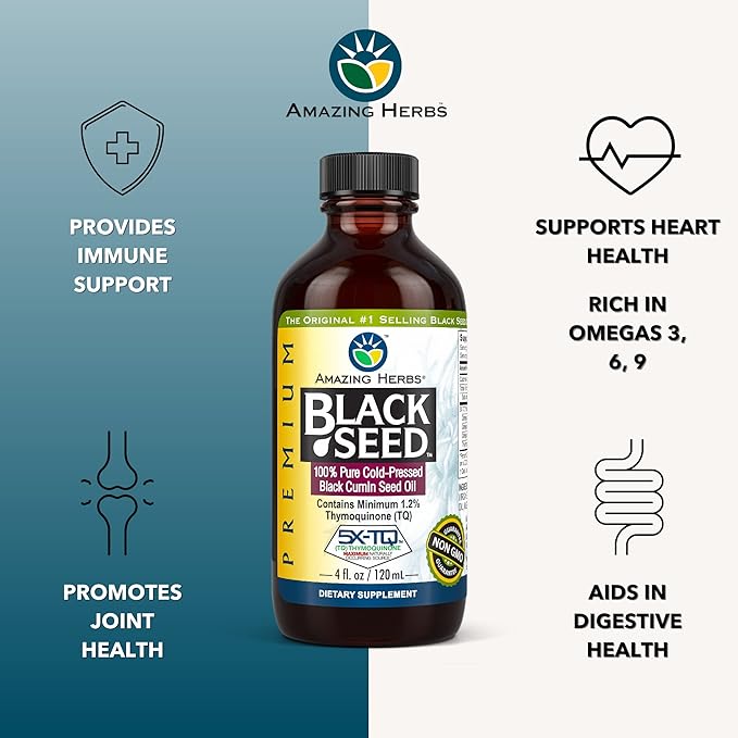 Amazing Herbs Premium Black Seed Oil - Gluten Free Non GMO Cold Pressed Nigella Sativa Aids in Digestive Health Immune Support Brain Function - 4 Fl Oz