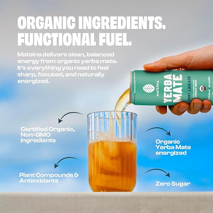 Mateina Yerba Mate Zero Sugar Energy Drink – 120mg Natural Caffeine – Organic Non-GMO Non-Carbonated – Dr. Andrew Huberman Recommended – (12 fl oz Cans 12 Pack) Mint Limeade