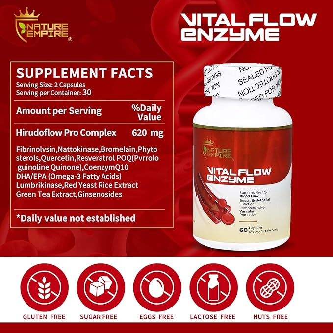 Nattokinase Vascular Health Support 12 in1 Multi Enzyme Complex Supplement for Adults with BromelainQuercetinGinsenosidesOmega-3for Blood Flow &amp Endothelial Function 60 Vegan Capsules