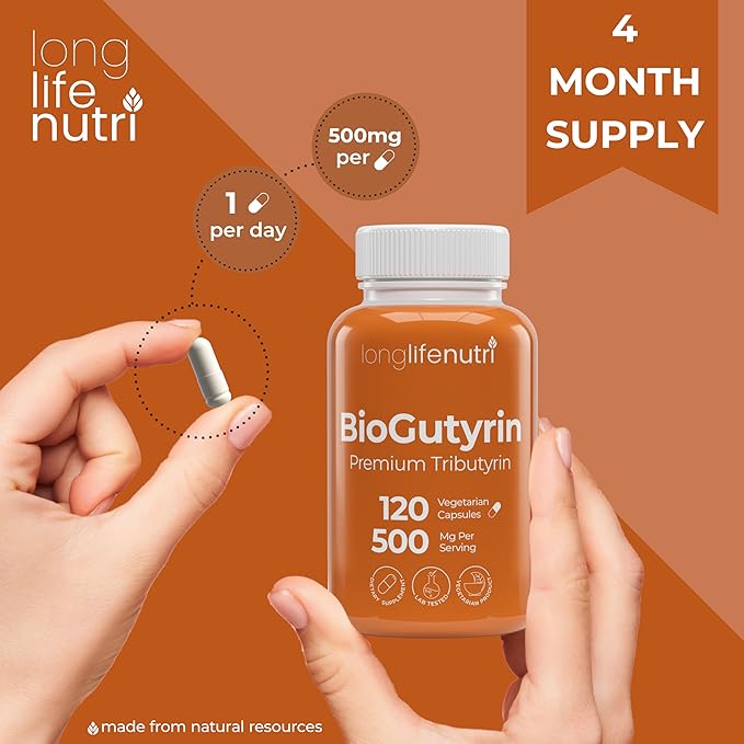 BioGutyrin – Tributyrin 500mg Postbiotic Supplement for Gut Function &amp Nutrient Absorption 120 Vegetarian Capsules Butyric Acid for Butyrate Production 4-Month Supply GMP Certified Made in U