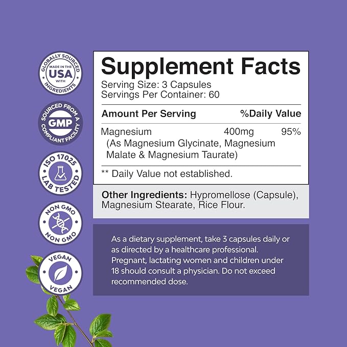 Triple Magnesium Complex Supplement - High Absorption Magnesium Glycinate Malate &amp Taurate Blend for Muscles Energy Support &amp Heart Health - Triple Mg Complex 400 mg Capsules - 180 Count
