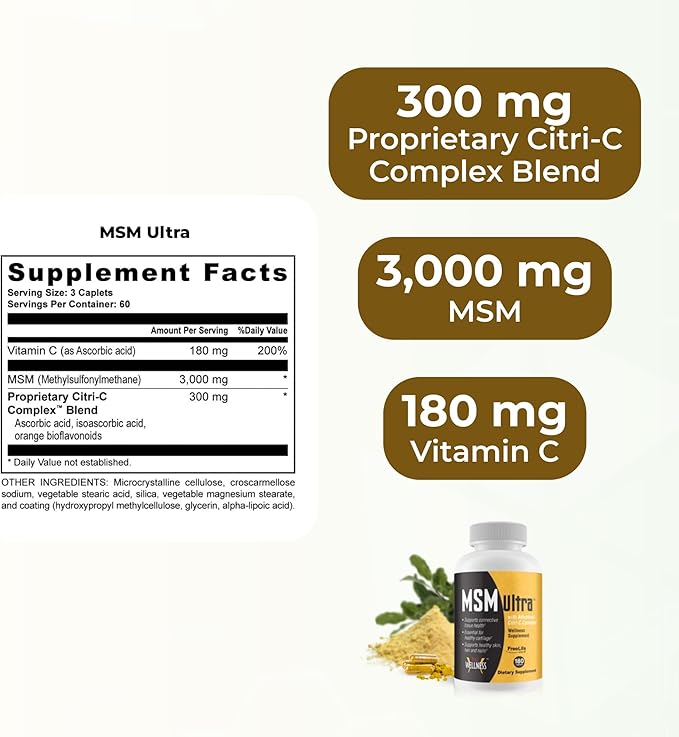 Youngevity Freelife MSM Ultra | 3000 mg MSM + Proprietary Citri-C Complex Blend + Vitamin C | Ultimate Methylsulfonylmethane Supplement | Bone &amp Bone Support | 180 Count