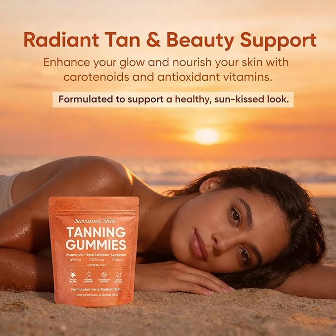 Savanna Skin Tanning Gummies with Vitamin C &amp E Astaxanthin Beta Carotene &amp Lycopene Blend Natural Looking Glow Bronzing Radiant Healthy Skin Non-GMO Vegan &amp Sugar-Free 60 Gummies