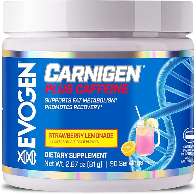 Evogen Carnigen Plus Caffeine - Premium Carnitine Powder | Supports Fat Metabolism &amp Promotes Recovery | L Carnitine Supplement with Caffeine &amp Acetyl L-Carnitine | Strawberry Lemonade | 50 Se
