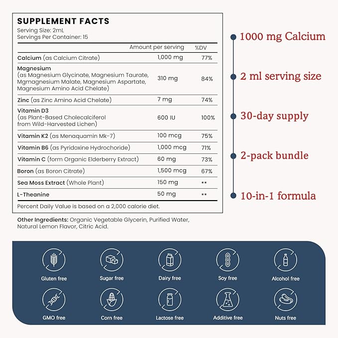 (2 Pack) 10 in 1 Magnesium Calcium Zinc Supplement with Vitamin C D3 K2 Glycinate Mag Vegan Liquid Drops Plus L-Theanine Boron Sea Moss Extract Bone &amp Immune Support Orange Flavor 1 Fl Oz