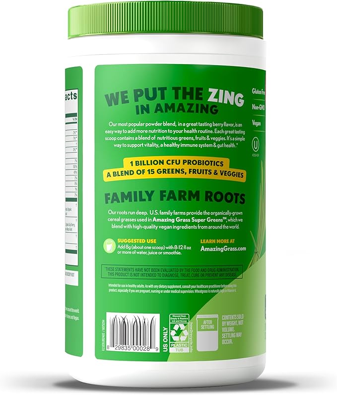 Amazing Grass Greens Blend Superfood: Super Greens Powder Smoothie Mix with Spirulina Chlorella Beet Root Powder Digestive Enzymes &amp Probiotics Berry 60 Servings (Packaging May Vary)