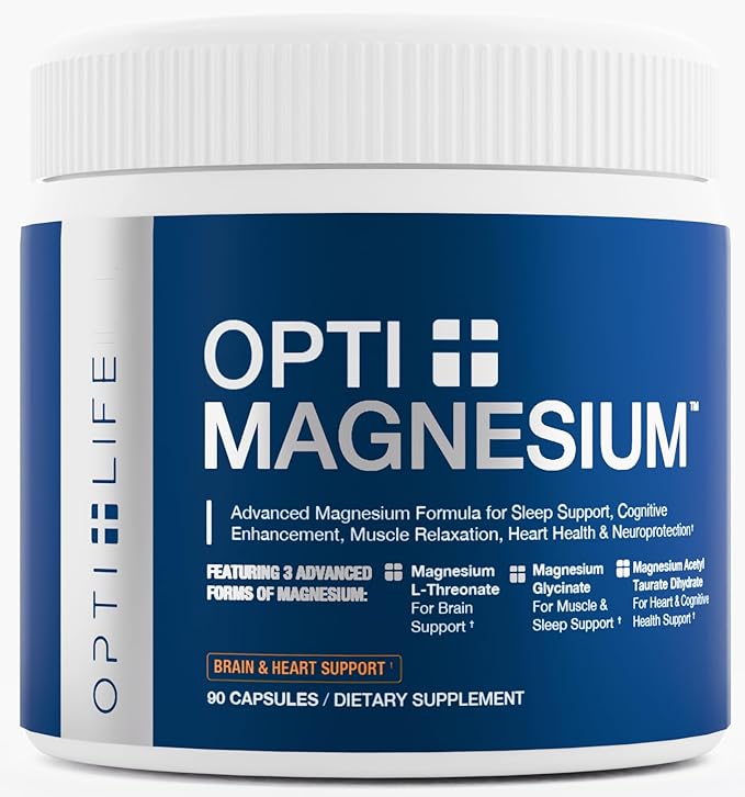 Opti + Triple Magnesium Complex Supplement | Brain Sleep Relaxation Support* | Magnesium L-Threonate Glycinate &amp Acetyl Taurate Blend | Made in USA | 90 Capsules/30 Servings