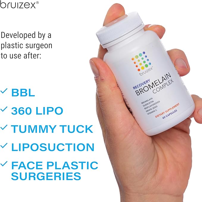 Bruizex Bromelain &amp Quercetin Recovery Complex - Post Surgery Recovery Bruising Swelling Relief Lymphatic Drainage - Post 360 lipo BBL Liposuction Tummy Tuck - Non GMO - 60 Capsules