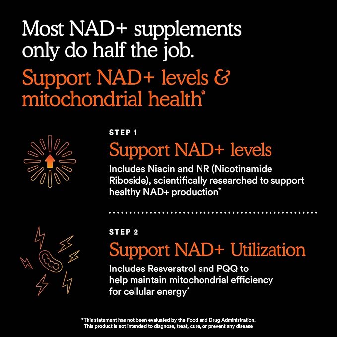 MitoQ NAD+ Dual Action Supplement | Niacin (Niacinamide) Nicotinamide Riboside (NR) Resveratrol &amp PQQ | Support Energy Focus &amp Healthy Aging | 60 Capsules