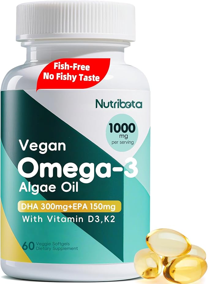 Vegan Omega-3 Algae Oil Supplement with DHA 300mg &amp EPA 150mg Plant-Based Omega-3 with Vitamin D3 &amp K2 Fish-Free Algal Oil Softgels for Men &amp Women 60 Softgels 30 Day Supply