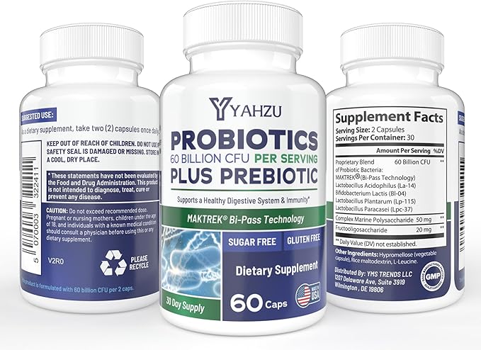 60 Billion CFU Probiotics with Prebiotic Fiber – Synbiotic Digestive &amp Immune Support for Men &amp Women 4 Clinically Researched Strains 60 Vegan Capsules