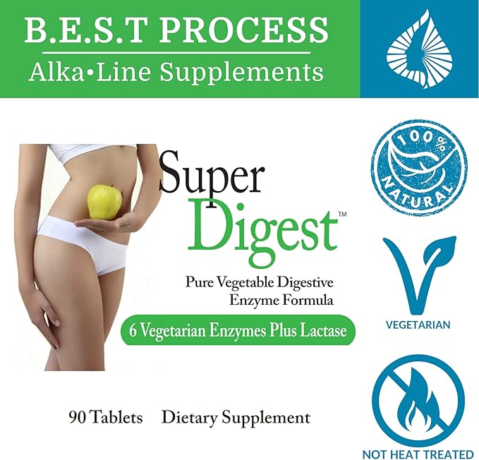 SuperDigest Best Process Alkaline — Multi-Enzyme Digestive Support — Digestive Enzymes with Alfalfa Papain &amp Bromelain (Vegetarian Friendly)