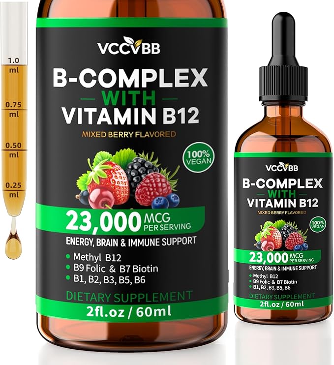 Vitamin B Complex Drops Active B12 Methylcobalamin 5000mcg B6 B1 B2 B5 B7 B3 Folate with Vitamin C B12 Sublingual Liquid Fast Absorption | Boost Energy Focus &amp Immunity Vegan | 60 Servi