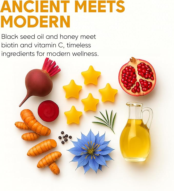 Black Seed Oil &amp Honey Gummies - with Black Cumin Seed Oil Vitamin C Turmeric &amp Biotin - Immune Support Supplement for Joint Gut &amp Skin Health 60 Gummies
