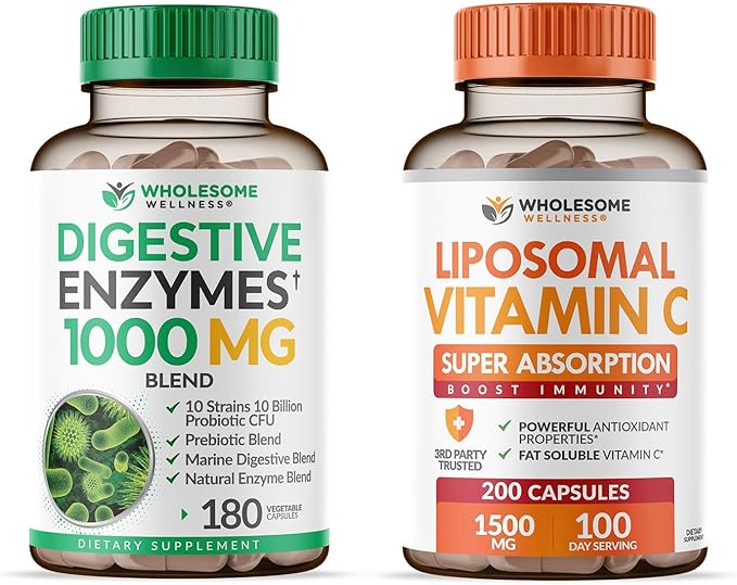 Wholesome Wellness Digestive Enzymes 1000MG Plus Prebiotics &amp Probiotics + Liposomal Vitamin C Capsules (200 Pills 1500mg Buffered) Bundle