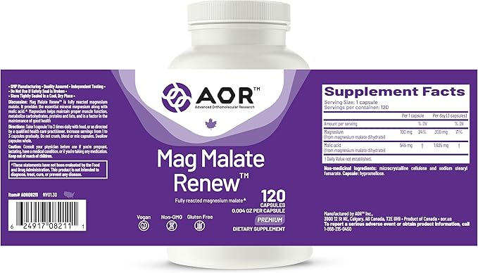 AOR Mag Malate Renew 120 Vegan Capsules 40-120 Day Supply Magnesium Malate with Malic Acid for Daily Wellness Muscle Function &amp Relaxation Support