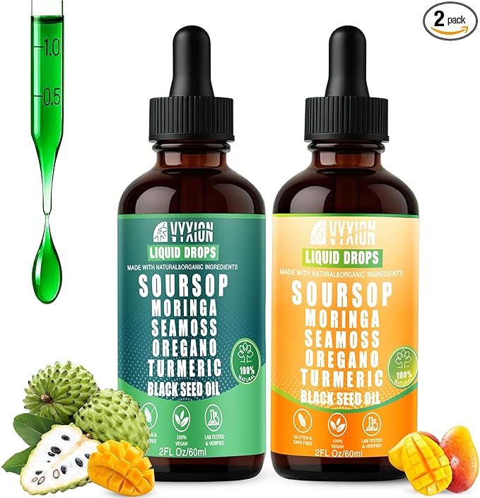 Soursop Bitters Liquid Drops 10 in 1 with Sea Moss Ashwagandha | Original &amp Tropical Mango Flavor Combo | 2-Pack (2 Fl Oz Each) | Herbal Extracts for Overall Health | Vegan Non-GMO Gluten-Free