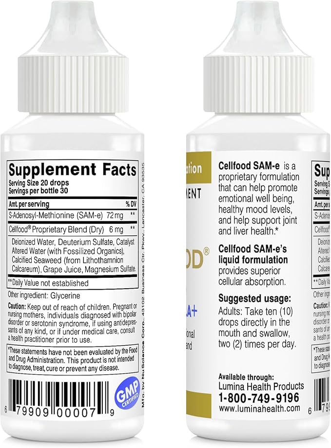 Cellfood SAM-e Liquid Formula+ 1 fl oz - Joint Support &amp Liver Health - Liquid for Easier Absorption &amp Better Bioavailability - Gluten Free Non-GMO - 30-Day Supply