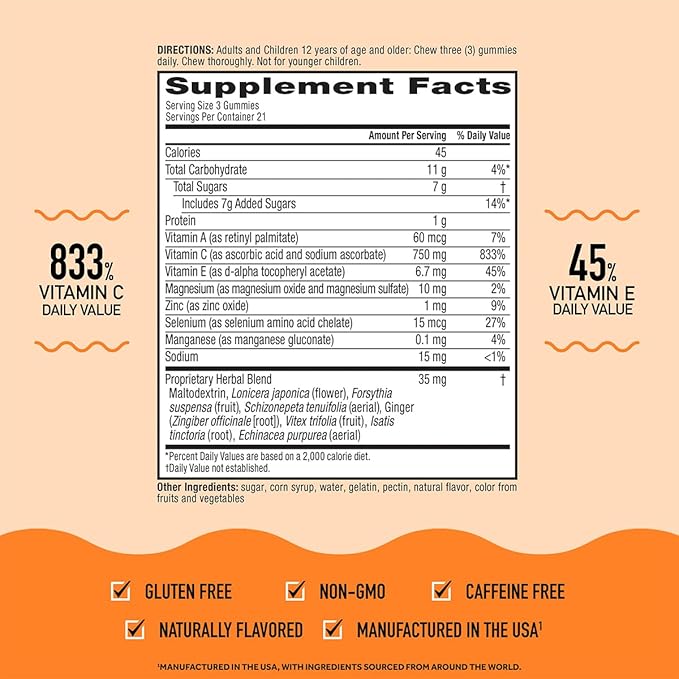 Airborne 750mg Vitamin C Immune Support Supplement Gummies for Adults Assorted Fruit Flavor Gluten Free Crafted Blend with Powerful Antioxidants Vitamins A C &amp E 63 Gummies (3 Pack)