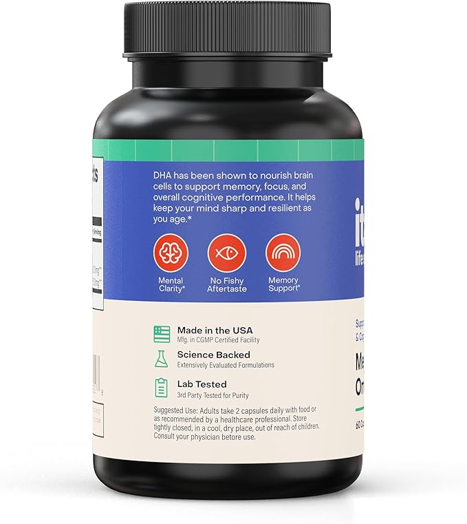 Mega DHA Omega-3 1300mg – 800mg DHA 500mg EPA – Brain Health Supplement for Memory Focus &amp Mental Clarity – High Potency Fish Oil – Non-GMO Third-Party Tested – 60 Capsules