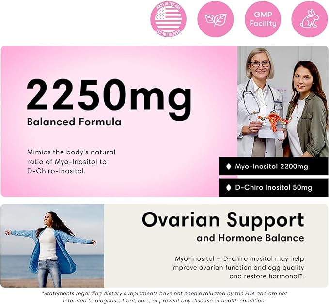 FLEUR Myo-Inositol &amp D-Chiro Inositol Capsules Hormone Balance and Ovarian Function Support for Women Regulates Menstrual Cycle Non-GMO &amp Vegan 90 Capsules