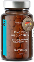 CLAV® Zinc Bisglycinate 25mg - 180 Tablets (6 Months Supply) - Natural Chelated Supplement - Vegan Glycinate for Immune &amp Skin Support