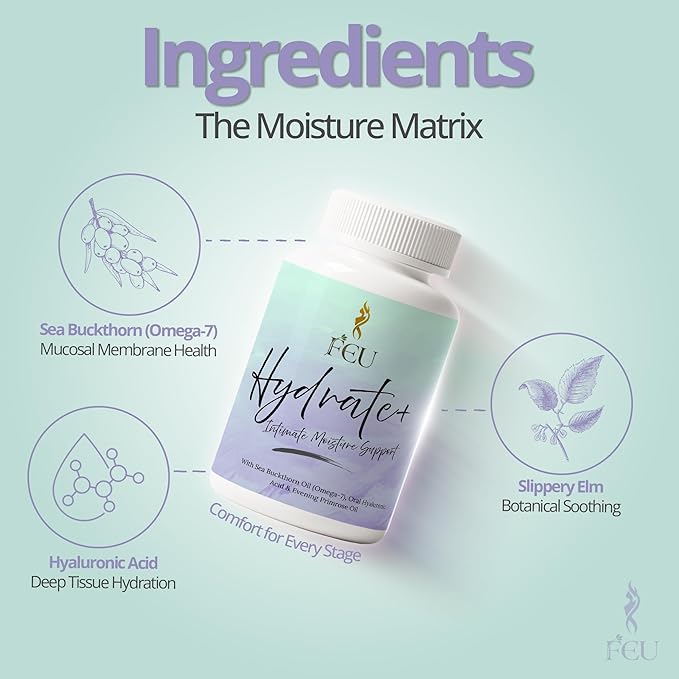 FEU Hydrate Plus – Women’s Intimate Moisture &amp Skin Hydration Support – Sea Buckthorn Oil (Omega-7) Evening Primrose Oil Hyaluronic Acid Sea Moss &amp Vitamin E – 120 Vegan Capsules (40 Servin