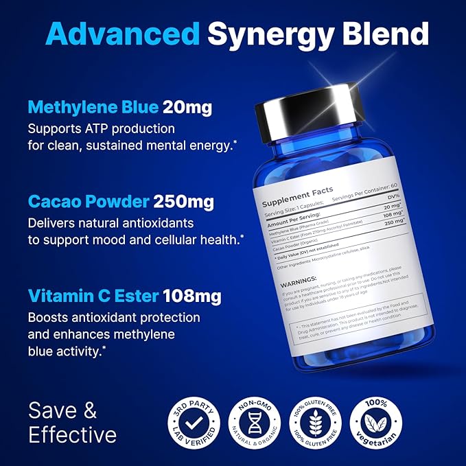 Ultimate Methylene Blue Capsules 20mg - Memory Supplement for Brain Focus Fuel | Blue Methylene Pharmaceutical Grade - Energy and Focus Supplement | Energy Pills | 120 Servings