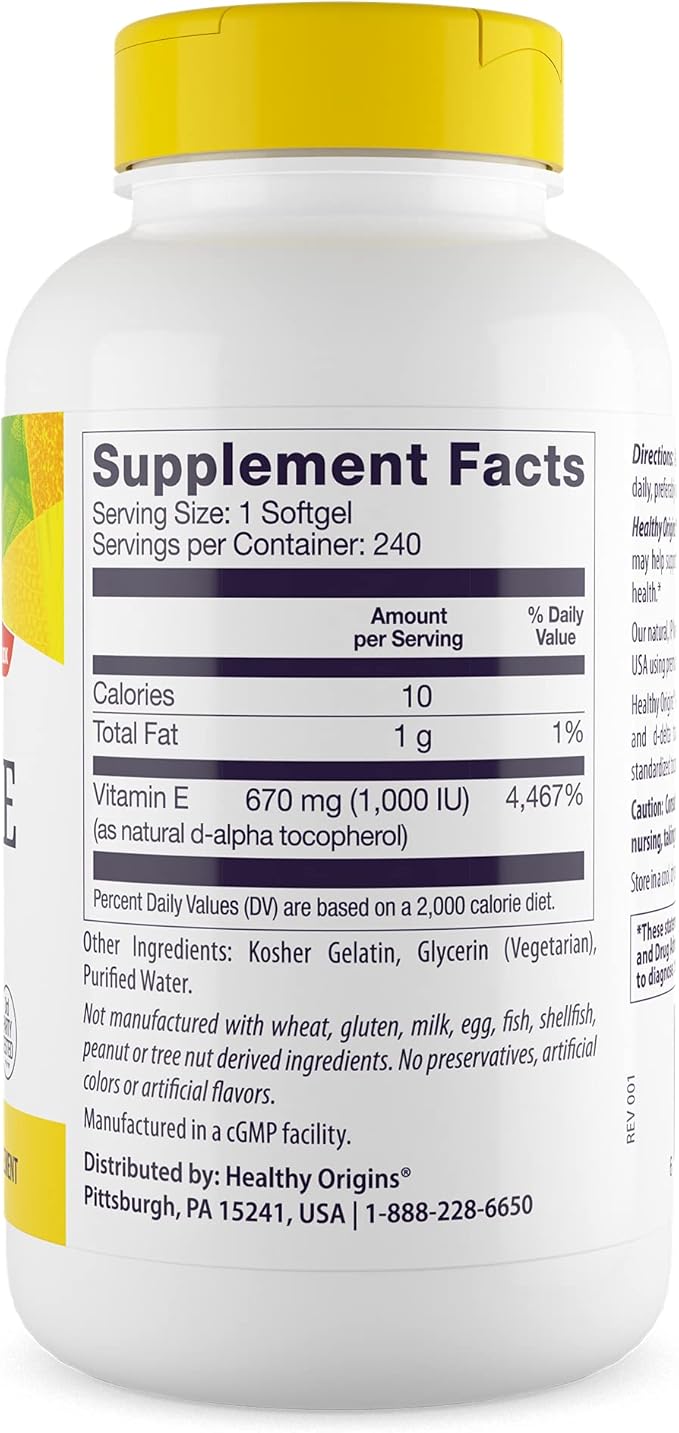Healthy Origins Vitamin E 1000 IU (670 mg) 240 Liquid Softgels - Natural Mixed Tocopherols (d-Alpha d-Beta d-Gamma d-Delta)