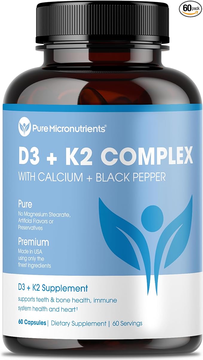 Pure Micronutrients Vitamin D3 K2 Supplement | MK7 100mcg D3 5000 iu Calcium + BioPerine | Muscle &amp Bone Health Heart Immunity &amp Energy Support | Vegan | 60 Capsules