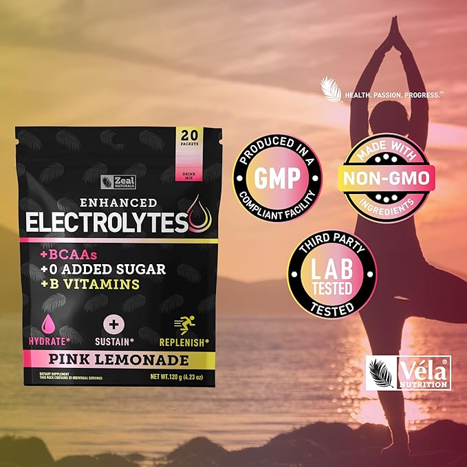 Zeal Naturals Enhanced Electrolyte Powder Stick Packs (Pink Lemonade - 20 Packets) Sugar Free + BCAA B-Vitamins &amp Pink Himalayan Salt - Keto Electrolytes Hydration Powder