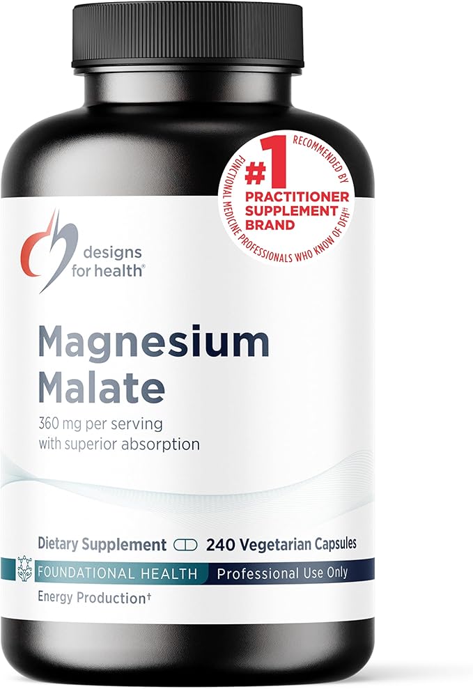 Designs for Health Magnesium Malate - Chelated Magnesium as Di Magnesium Malate - Highly Bioavailable Form to Support Energy Bone Health + Muscle Recovery (240 Magnesium Malate Capsules)