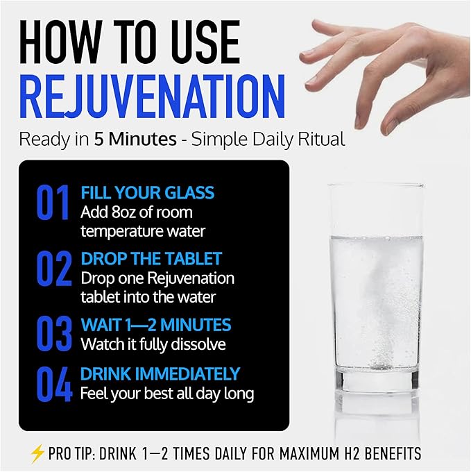 DRINK HRW Rejuvenation Molecular Hydrogen Water Tablets: 12 ppm H2 Patented USA Made IHSA-Certified Hydrogen &amp Magnesium Supplement. Supports Energy Recovery Cognitive Function (Unflavored 6