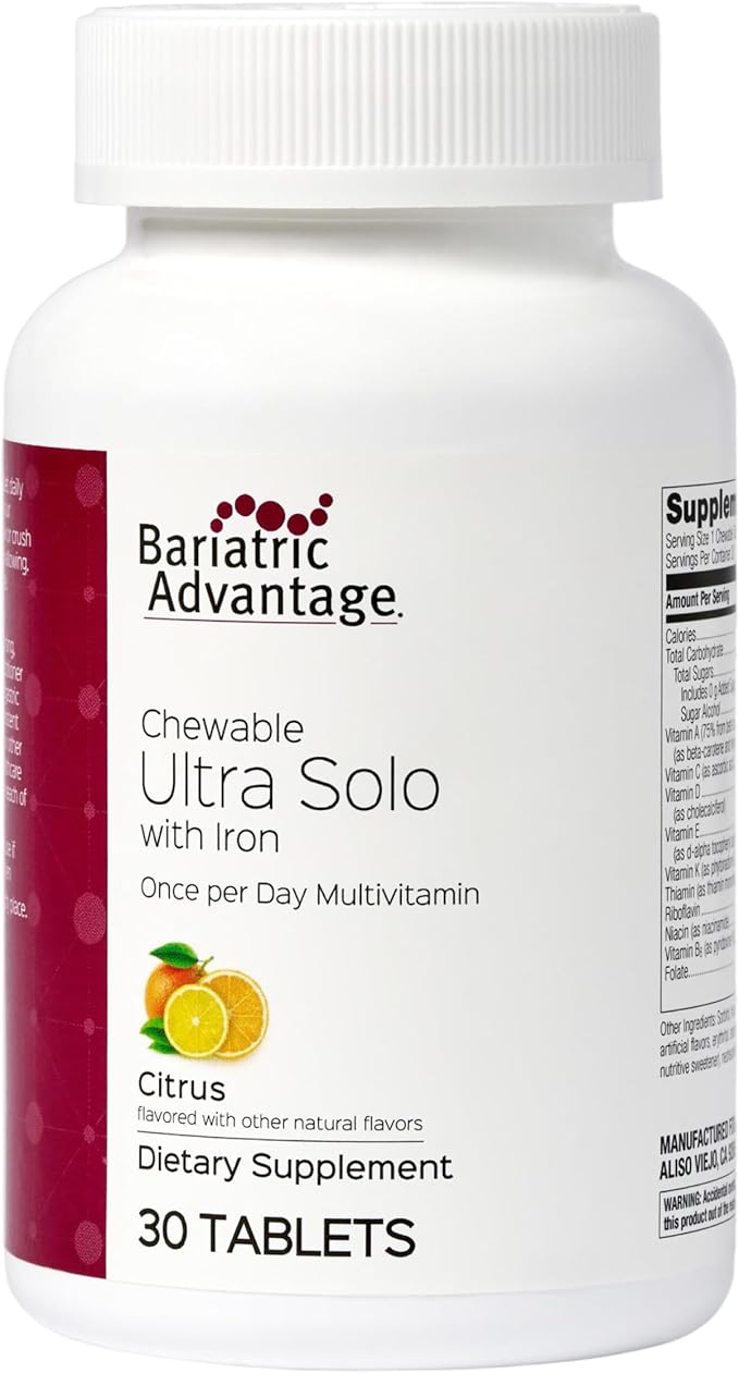 Bariatric Advantage Chewable Ultra Solo with Iron - Once-Per-Day Daily Multivitamin - for Bariatric Patients - with Thiamin Vitamin A &amp More - Gluten Free - Citrus - 30 Tablets