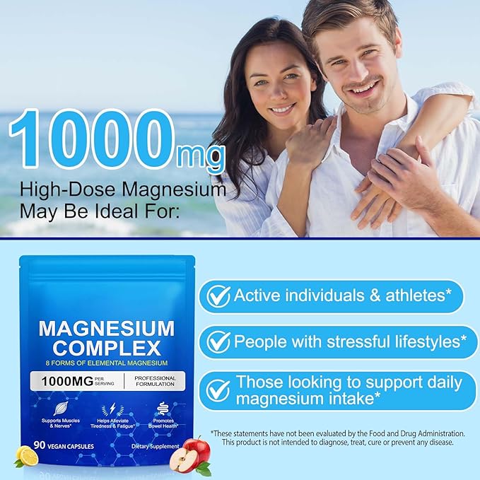 Magnesium Complex 8-in-1 High Potency with 8 Essential Forms Vegan Capsules for Muscle Nerve &amp Bowel Support Relief Fatigue &amp Improve Sleep (180 Capsules)